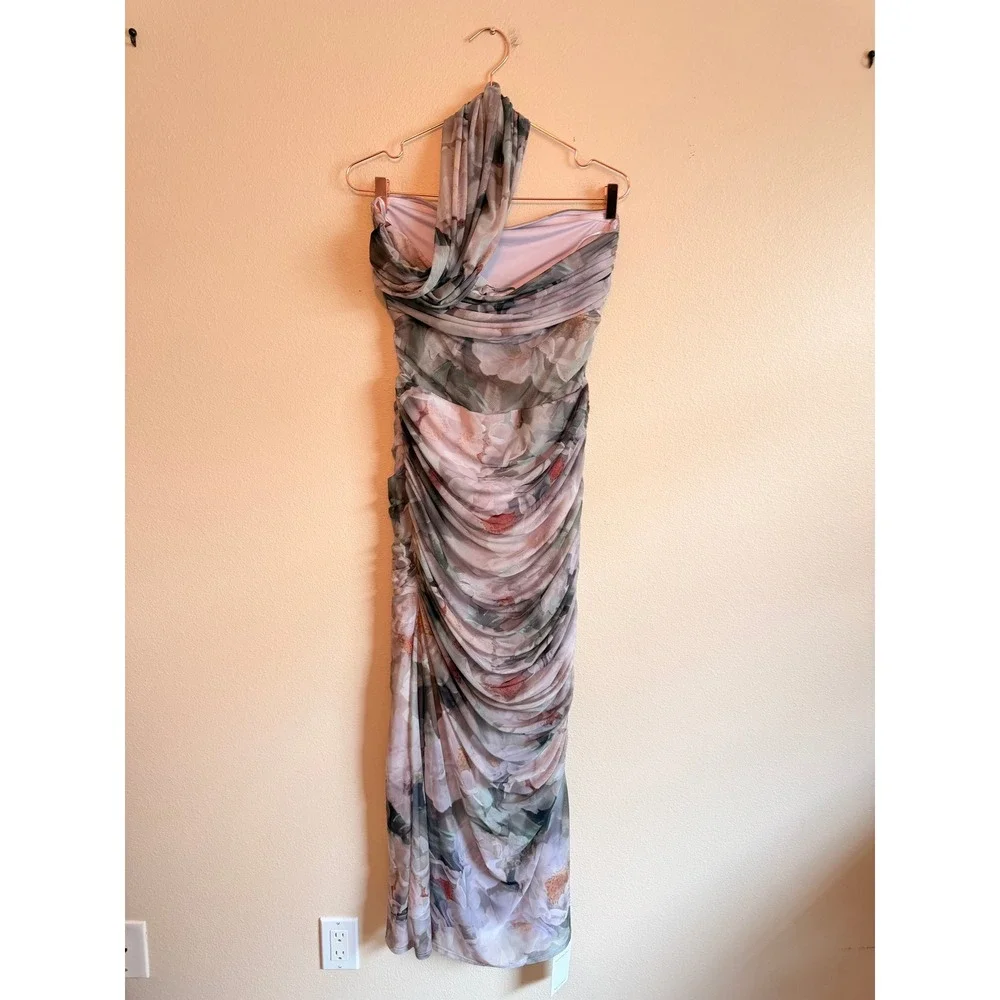 Abercrombie & Fitch Dress Womens M Green Floral One-Shoulder Mesh Ruched Maxi